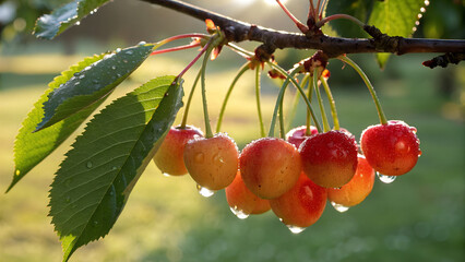 Cherry hanging tree with water drop in garden, Cherry on tree in natural warm sunlight background