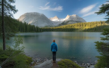 Solo Hiker Contemplating Tranquil Alpine Lake Surrounded by Lush Pine Forest and Dramatic Snow Capped Mountains