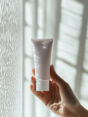 Realistic hand holding a sleek white and lavender skincare tube with minimalist design, soft purple accents. Bright background with soft white and lavender gradient.