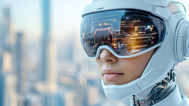 Futuristic robot wearing advanced visor with digital interface reflecting cityscape
