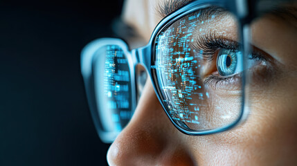 Close up of eye wearing glasses reflecting digital data, showcasing technology and innovation