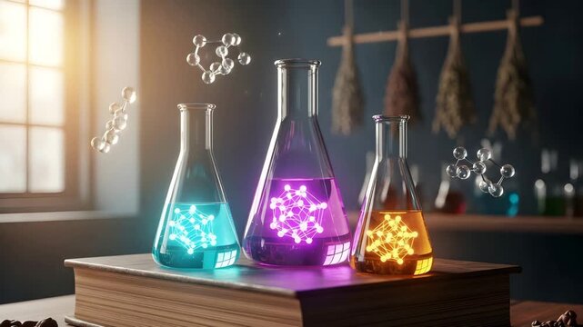 Three laboratory flasks with glowing molecular structures and a book