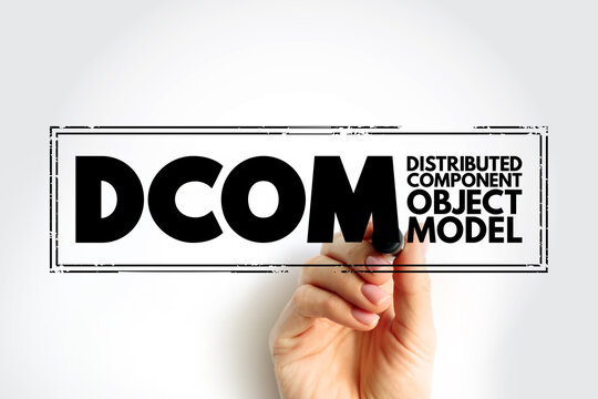 DCOM - Distributed Component Object Model is technology for communication between software components on networked computers, acronym stamp concept background