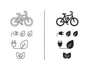 Electric Power Ecology Bicycle with Plug and Leaf Line and Silhouette Icon Set.
Eco-Friendly City Transport.
Collection of Green Energy Bike Symbols.
Isolated Vector Illustration.