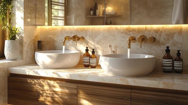 A modern bathroom with two sinks and a mirror