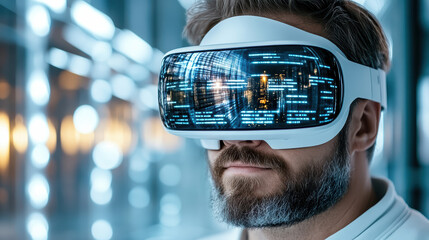 Futuristic headset glowing with digital interface, immersive technology experience