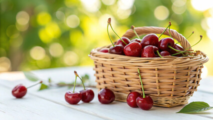 Cherries in basket on white surface in natural warm sunlight background