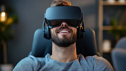 Immersed in virtual reality, gamer enjoys engaging experience with smile