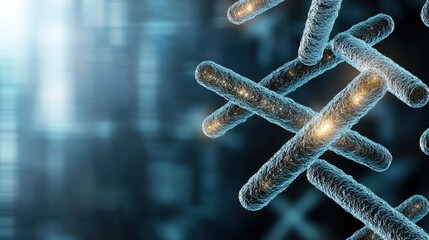 Close up of genetically engineered bacteria glowing futuristic setting, showcasing vibrant