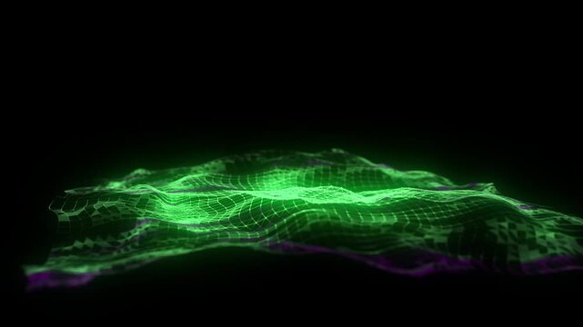 Glowing colors wave with motion dots and top view. Abstract digital background. Concept connection big data. Futuristic technology backdrop. 3D rendering.