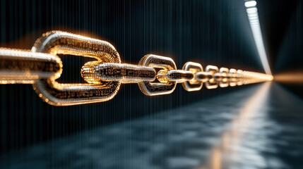 Glowing blockchain chain links in dark tunnel create futuristic atmosphere