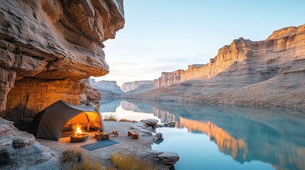 Desert canyon campsite with glowing tent and campfire beside still blue water reflecting rocky cliffs under clear sky, serene natural escape.