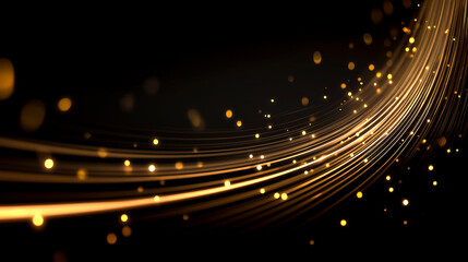 しなやかに流れる金色の光ラインと発光粒子のビジュアル