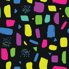 Scribble seamless pattern with bright funky shapes. Vector abstract colorful texture with hand-painted brush strokes, geometric elements. Trendy retro style background. Vibrant repeated print design