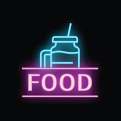 Neon sign of blue smoothie jar with straw and purple food below on black background