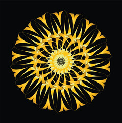 Yellow flower mandala on black background with vibrant sunflowers and summer garden floral pattern