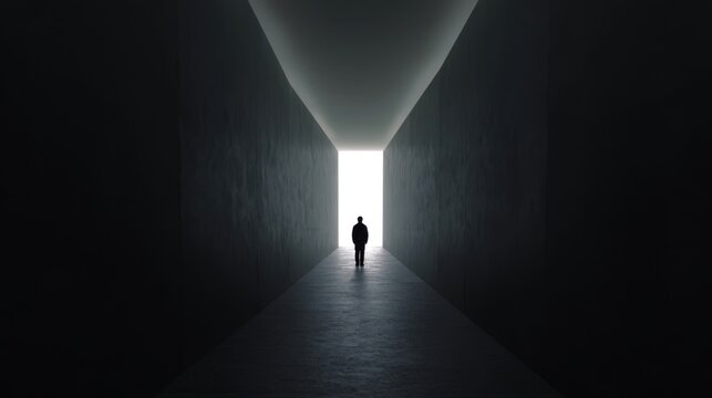 A silhouette of a man stands in a dark wide corridor with his back to a large white rectangular opening,