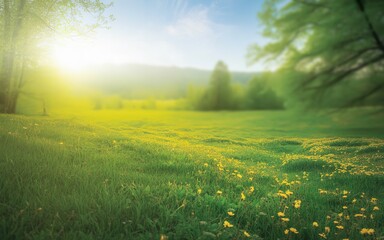 Dreamy Sunny Green Meadow Landscape with Bright Sunbeam Lens Flare, Lush Grass, and Blurred Forest Background