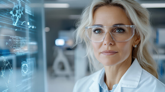 Innovative scientist analyzing data with glowing molecules in laboratory