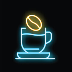 Neon sign depicting a coffee cup with a coffee bean above it, symbolizing a fresh brewed drink