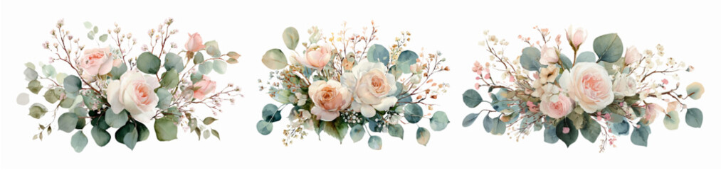Watercolor set of bouquets with white roses and eucalyptus leaves. Wedding bouquets for invitation. Floral pastel watercolor style. Vector illustration.