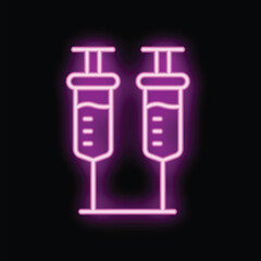 Neon medical symbol depicting two syringes sharing a base, glowing purple on black background