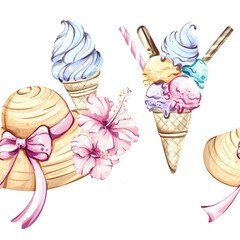 Summer bliss seamless pattern background wallpaper featuring tropical straw hats and colorful ice cream cones, perfect for vacation vibes and festive gatherings