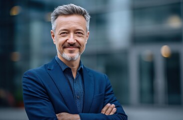 Fototapeta premium Confident middle-aged businessman smiling outdoors in urban environment with arms crossed