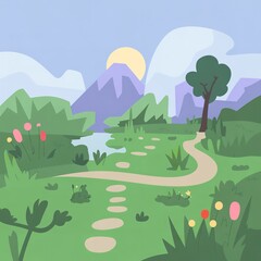 Minimalist Flat Design Illustration of a Peaceful Spring Nature Park Landscape with Stepping Stone Path and Mountains at Sunset