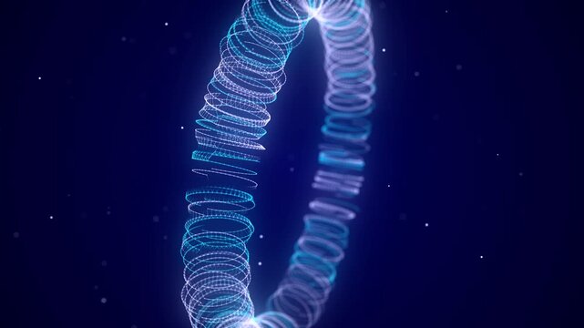 Abstract blue torus with dots and lines. 3D futuristic geometric wireframe shape. Technology network connection big data. Science background. Twist objects in dark cyberspace. 3D rendering.