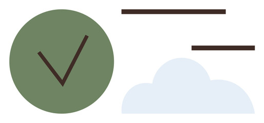 Green circle with checkmark, blue cloud, horizontal lines symbolize success, validation, task completion, positive outcomes, simplicity, agreement approval. Ideal for progress success approval