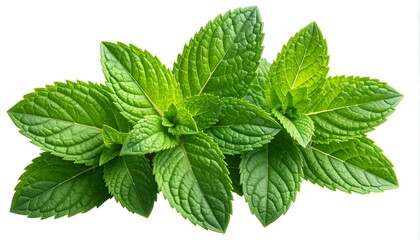 Fresh, vibrant green sprigs of leafy herb, isolated on a white backdrop