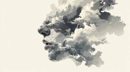 Obraz premium Abstract artwork blending human silhouette with swirling clouds,