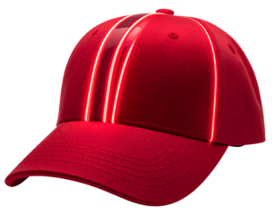 Futuristic Glowing Red Baseball Cap Front Side with Neon Edges isolated on a transparent background.