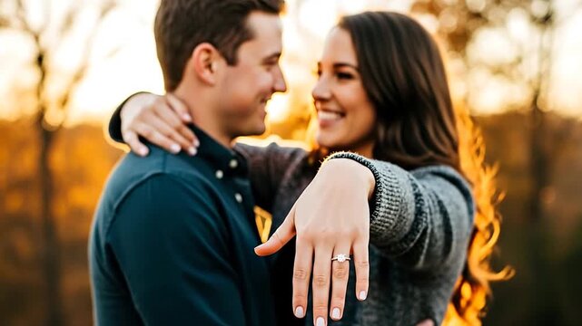 Happily Engaged Couple Celebrates Love, Her Diamond Ring Sparkling in the Sunlight