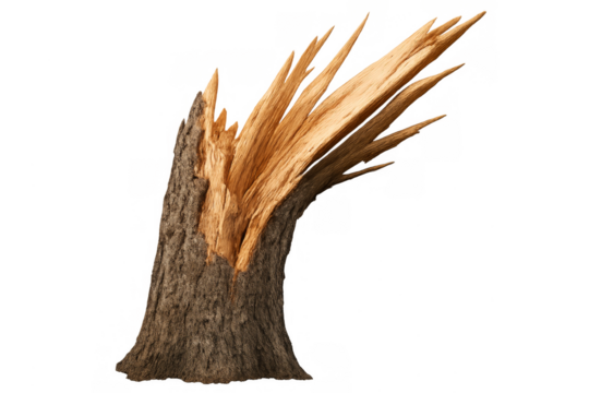 Broken tree trunk showing splintered wood destruction