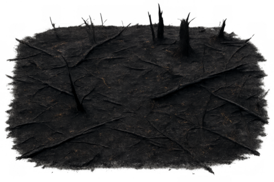 Burnt wildfire ground with charred aftermath on transparent background