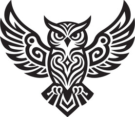 Fototapeta premium a bold, black and white vector illustration of an owl in flight with its wings spread wide, stylized with sharp, tribal-like geometric patterns.
