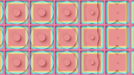 A kinetic panel with 3D shapes in bright pastel colors. Seamless, looping, 4K animation. This playful, creative, pop art style background is perfect for children's and youth projects. 3d rendering