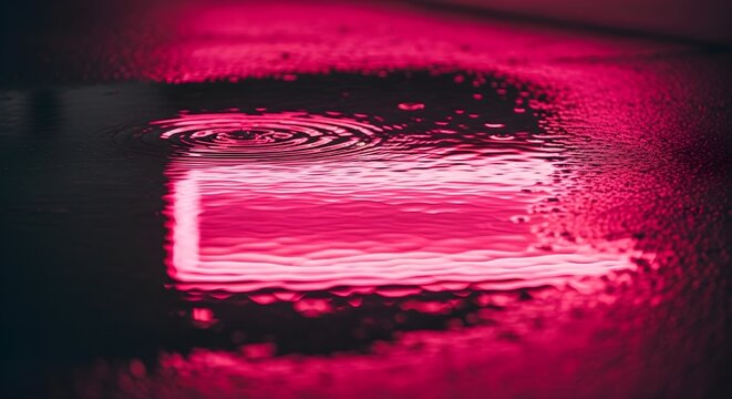 Vibrant pink neon light reflects in a dark urban puddle with radiating water ripples after rain, creating a dynamic, atmospheric, and abstract night scene.