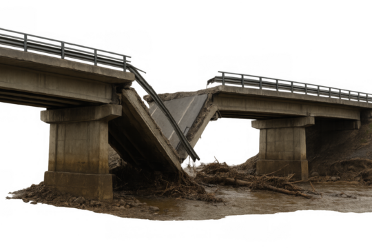 Concrete road bridge collapsed due to natural disaster