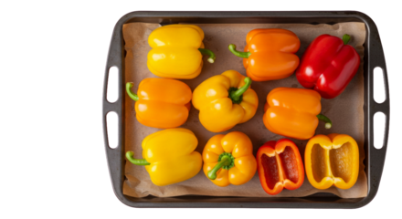 Fresh colorful bell peppers arranged on baking tray top view isolated on white background