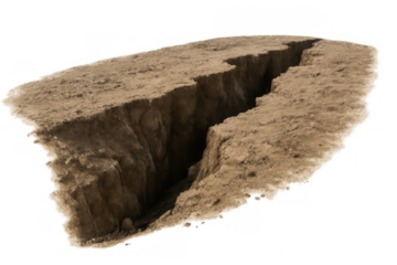 Earth surface cracking, showing deep chasm on transparent background