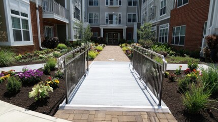 Modern Building Entrance with Wheelchair Ramp and Lush Gardens in Bright Daylight