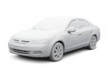 Car covered in snow during winter storm on transparent background