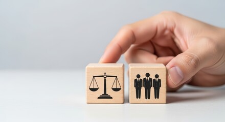 Wooden blocks with justice scales and people icons legal balance