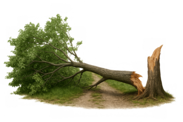 Fallen tree blocking path after storm damage