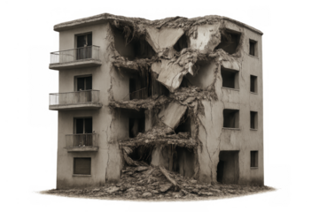Destroyed collapsing building, representing war, devastation, and ruin
