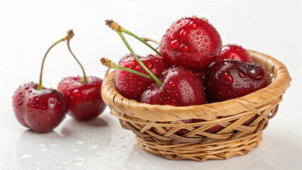 Cherries in basket with water drop on white background
