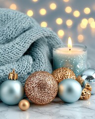 Cozy Winter Scene with Glittering Ornaments and Soft Knit Blanket